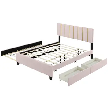 Pink Tufted Velvet Upholstered Queen Bed Frame With Trundle And Drawers
