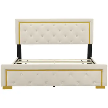 Beige Tufted Velvet Upholstered Queen Bed Frame