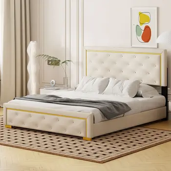 Beige Tufted Velvet Upholstered Queen Bed Frame