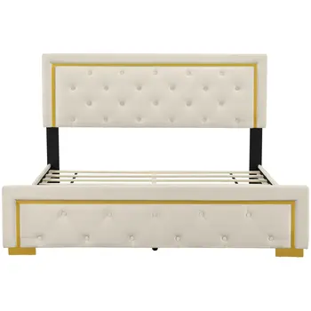 Beige Tufted Velvet Upholstered Queen Bed Frame