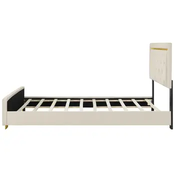 Beige Tufted Velvet Upholstered Queen Bed Frame