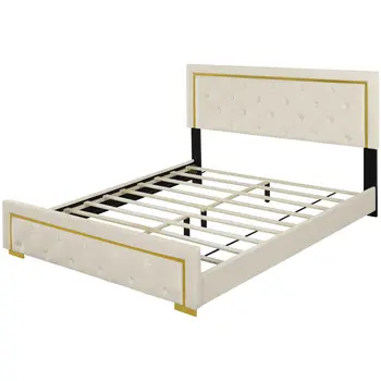 Beige Tufted Velvet Upholstered Queen Bed Frame