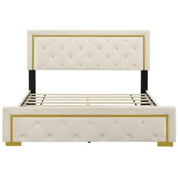 Beige Tufted Velvet Upholstered Queen Bed Frame