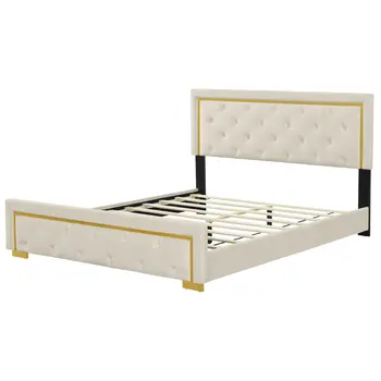 Beige Tufted Velvet Upholstered Queen Bed Frame