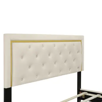 Beige Tufted Velvet Upholstered Queen Bed Frame
