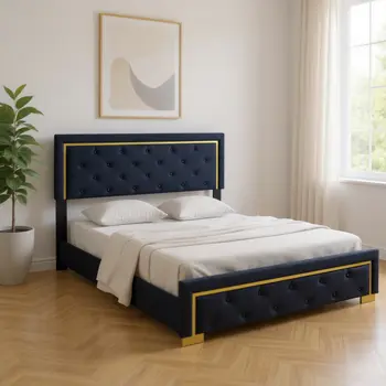 Black Tufted Velvet Upholstered Queen Bed Frame