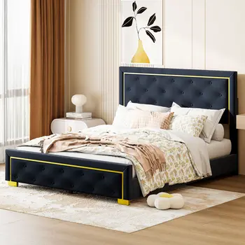 Black Tufted Velvet Upholstered Queen Bed Frame