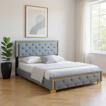 Gray Tufted Velvet Upholstered Queen Bed Frame