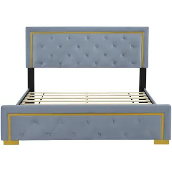 Gray Tufted Velvet Upholstered Queen Bed Frame