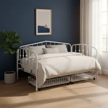 White Metal Twin Bed Frame With Drawers