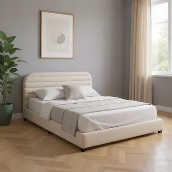 Beige Tufted Velvet Upholstered Queen Bed Frame