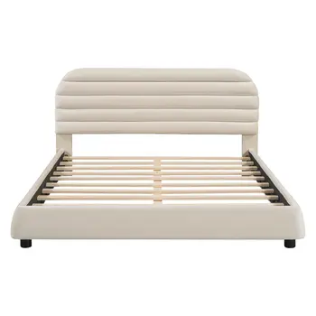 Beige Tufted Velvet Upholstered Queen Bed Frame