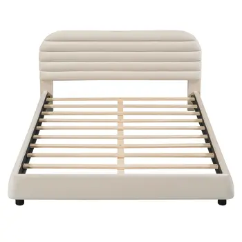 Beige Tufted Velvet Upholstered Queen Bed Frame