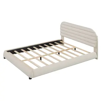 Beige Tufted Velvet Upholstered Queen Bed Frame