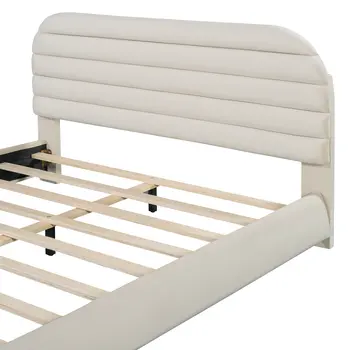 Beige Tufted Velvet Upholstered Queen Bed Frame