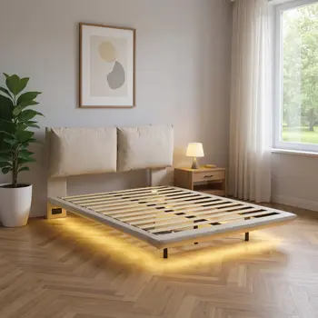 Beige Tufted Upholstered Queen Bed Frame With LED Lighting And USB