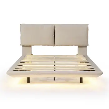 Beige Tufted Upholstered Queen Bed Frame With LED Lighting And USB