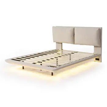 Beige Tufted Upholstered Queen Bed Frame With LED Lighting And USB