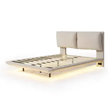 Beige Tufted Upholstered Queen Bed Frame With LED Lighting And USB