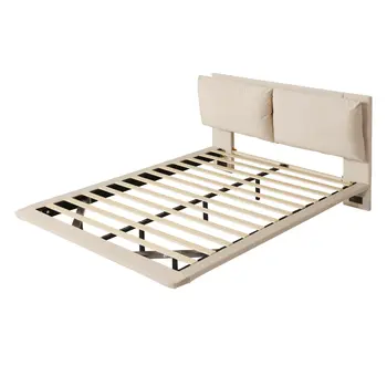 Beige Tufted Upholstered Queen Bed Frame With LED Lighting And USB