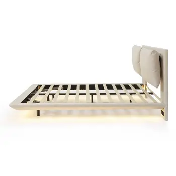 Beige Tufted Upholstered Queen Bed Frame With LED Lighting And USB