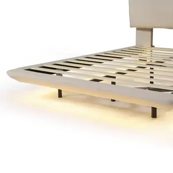 Beige Tufted Upholstered Queen Bed Frame With LED Lighting And USB