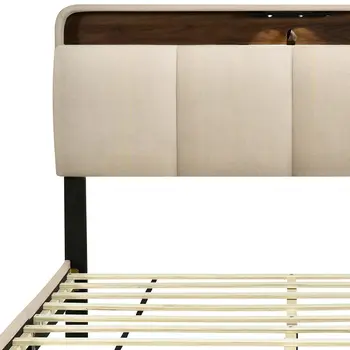 Beige Tufted Upholstered Queen Bed Frame With USB
