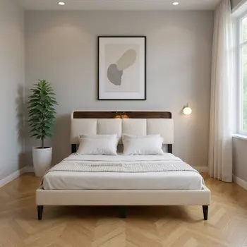 Beige Tufted Upholstered Queen Bed Frame With USB