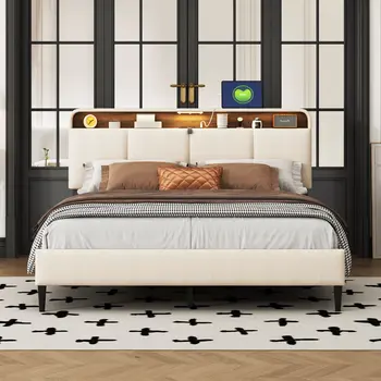 Beige Tufted Upholstered Queen Bed Frame With USB