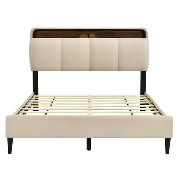 Beige Tufted Upholstered Queen Bed Frame With USB