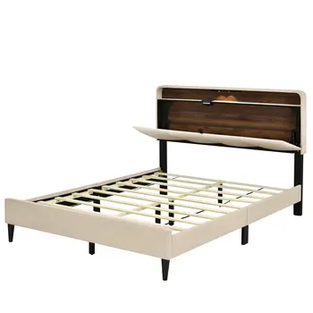 Beige Tufted Upholstered Queen Bed Frame With USB