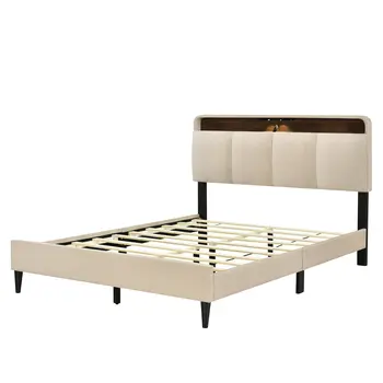 Beige Tufted Upholstered Queen Bed Frame With USB