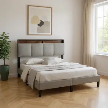 Gray Tufted Upholstered Queen Bed Frame With USB