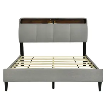 Gray Tufted Upholstered Queen Bed Frame With USB