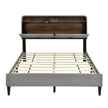 Gray Tufted Upholstered Queen Bed Frame With USB