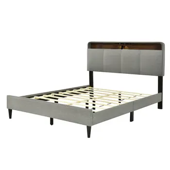 Gray Tufted Upholstered Queen Bed Frame With USB