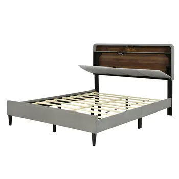 Gray Tufted Upholstered Queen Bed Frame With USB