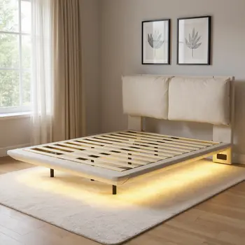 Beige Tufted Upholstered Full Bed Frame With LED Lighting And USB