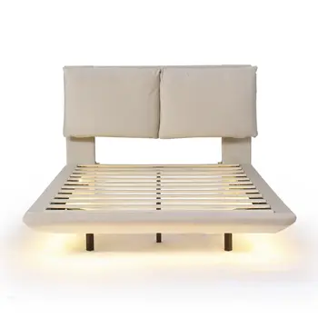 Beige Tufted Upholstered Full Bed Frame With LED Lighting And USB