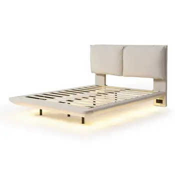Beige Tufted Upholstered Full Bed Frame With LED Lighting And USB