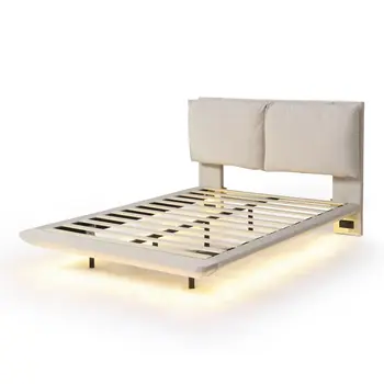 Beige Tufted Upholstered Full Bed Frame With LED Lighting And USB