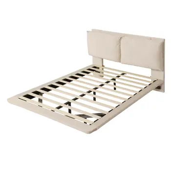 Beige Tufted Upholstered Full Bed Frame With LED Lighting And USB