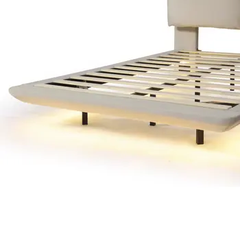 Beige Tufted Upholstered Full Bed Frame With LED Lighting And USB