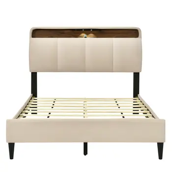 Beige Tufted Upholstered Full Bed Frame With USB