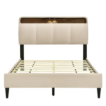 Beige Tufted Upholstered Full Bed Frame With USB