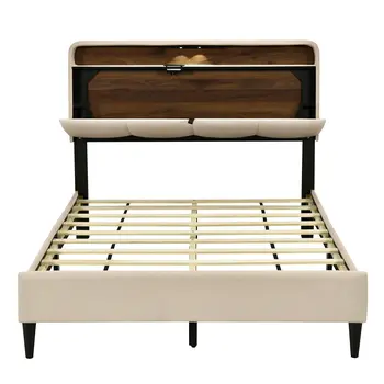 Beige Tufted Upholstered Full Bed Frame With USB