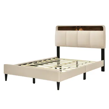 Beige Tufted Upholstered Full Bed Frame With USB