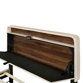 Beige Tufted Upholstered Full Bed Frame With USB
