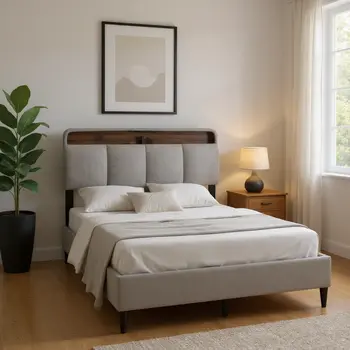 Gray Tufted Upholstered Full Bed Frame With USB