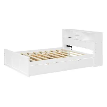 White Wood Full Bed Frame With Trundle And Drawers